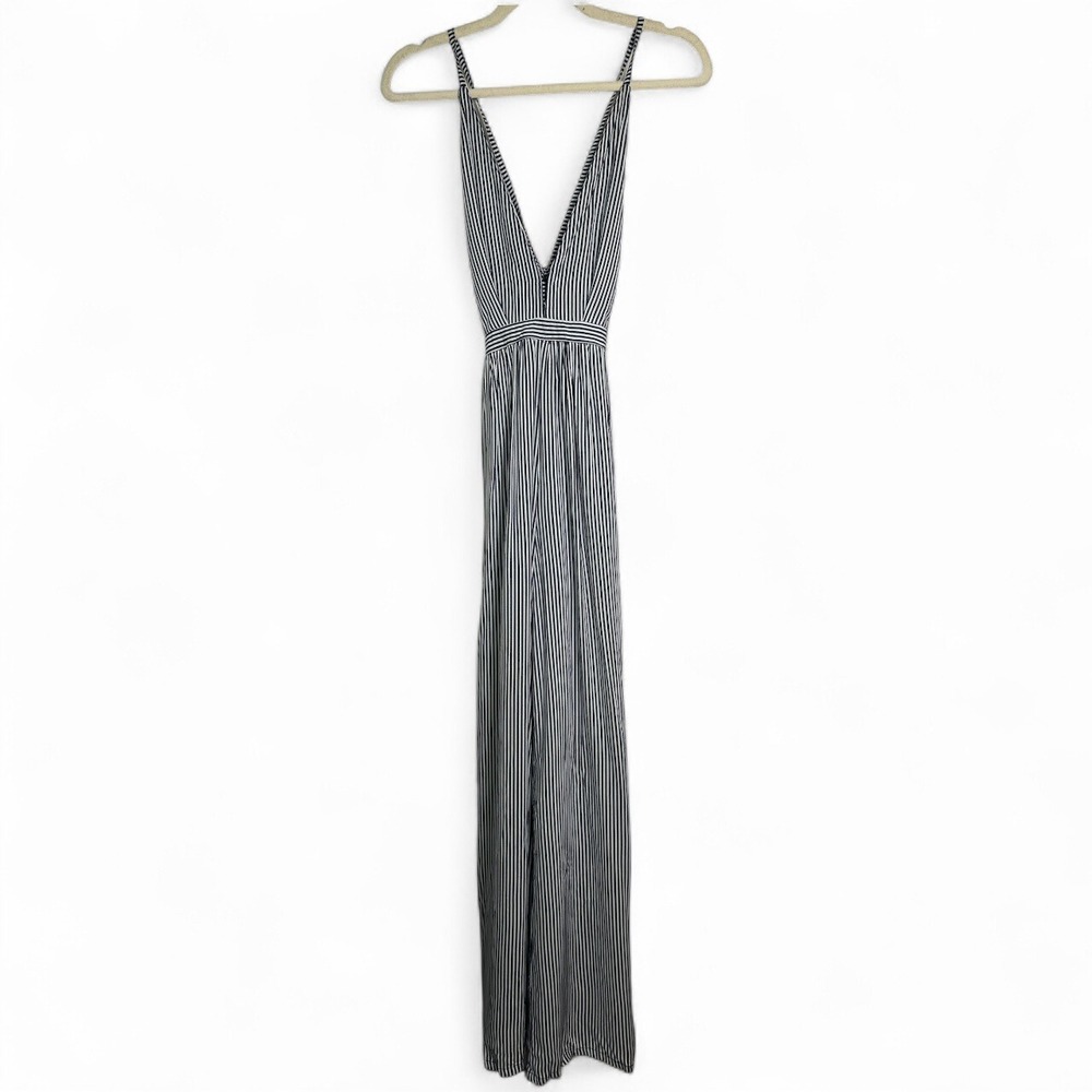 Skylar + Madison Navy White Striped Jumpsuit Small Wide Leg Deep V Back Tie